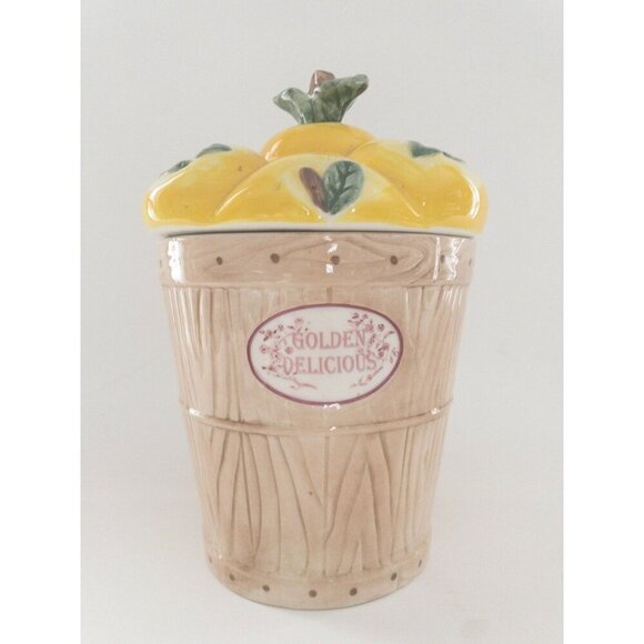 Pfaltzgraff Golden Delicious Apple Basket Ceramic Cookie Jar 11" Dishwasher & Mi - Picture 2 of 12